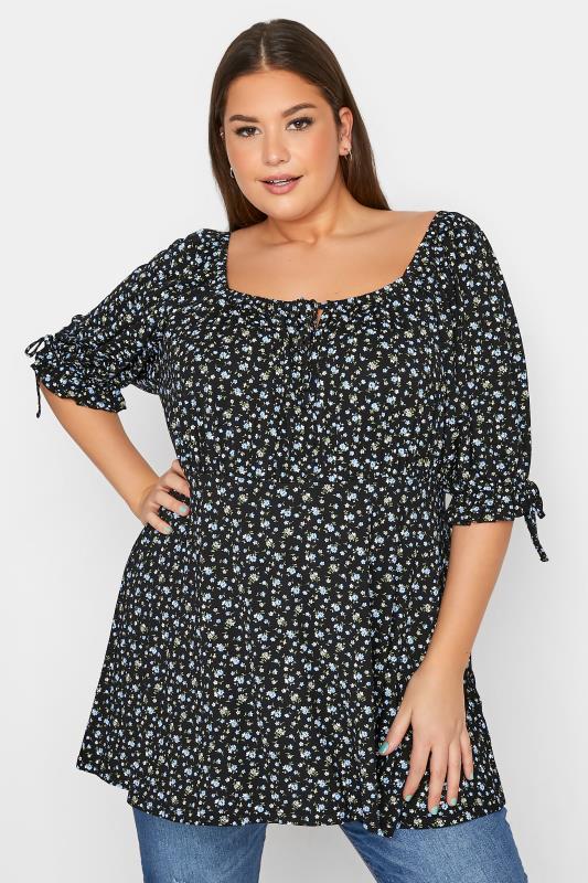LIMITED COLLECTION Plus Size Black & Blue Ditsy Print Milkmaid Top | Yours Clothing  1