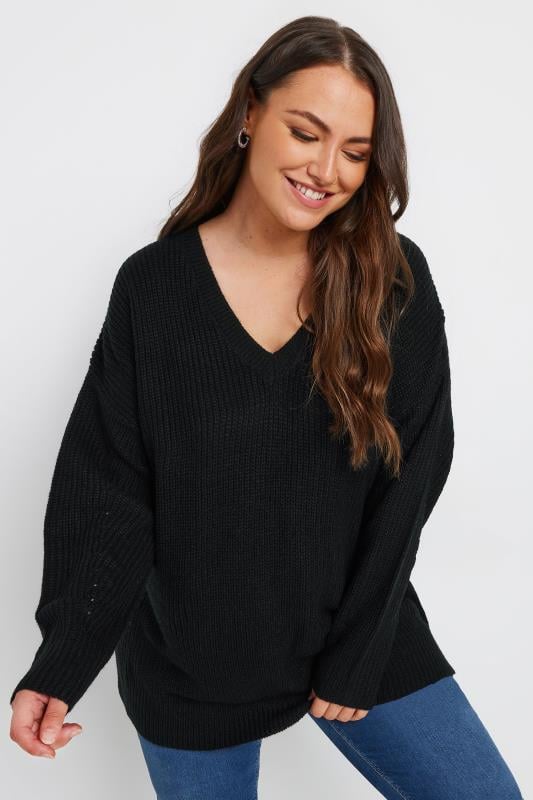 YOURS Plus Size Black V-Neck Knitted Jumper | Yours Clothing 1