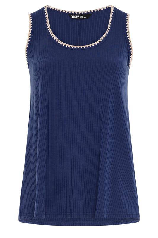 YOURS Plus Size Cobalt Blue Contrast Blanket Stitch Ribbed Vest Top | Yours Clothing 5