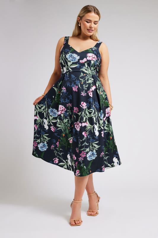 YOURS LONDON Plus Size Navy Blue Floral Square Neck Dress | Yours Clothing 1