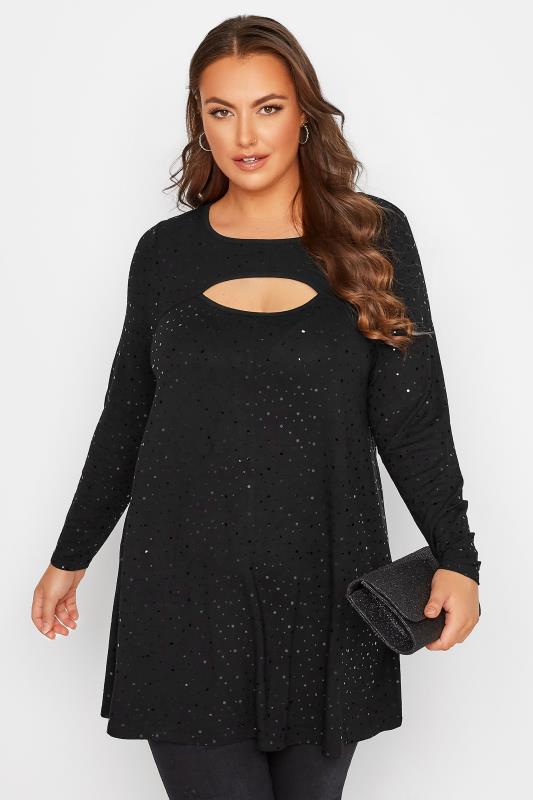  Grande Taille Curve Black Sequin Cut Out Swing Top