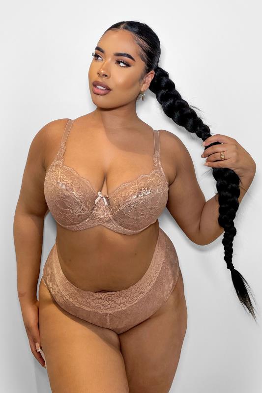 Plus Size  Nude Brown Lace Non-Padded Underwired Balcony Bra
