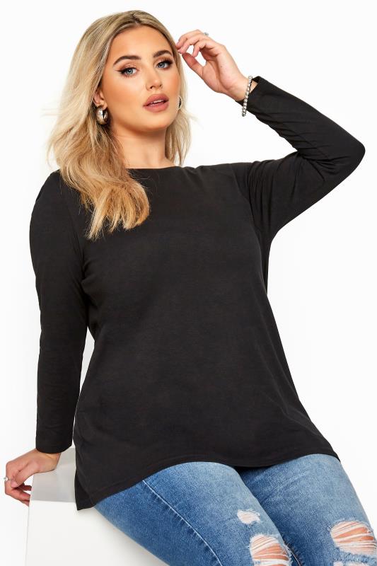 Plus Size Basic T-Shirts & Vests Black Cotton Long Sleeve T-Shirt