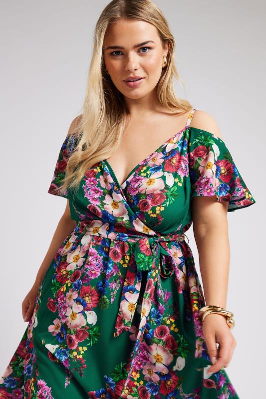 YOURS LONDON Plus Size Green Floral Print Cold Shoulder Wrap Dress | Yours Clothing 4
