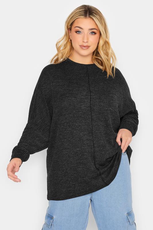 Plus Size Charcoal Grey Ribbed Soft Touch Top | Yours Clothing 1