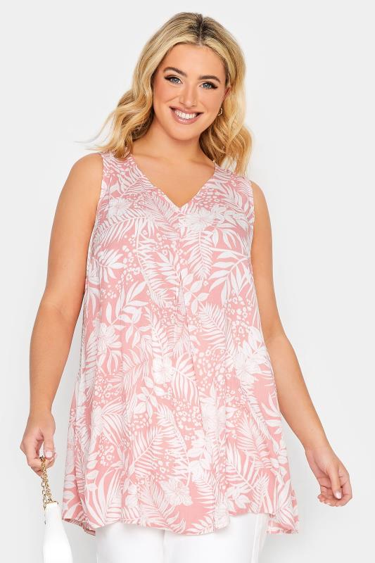Plus Size  YOURS Curve Pink Tropical Print Pleat Front Vest Top