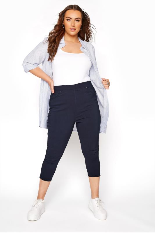 Curve Navy Blue Bengaline Cropped Pull On Trousers 2