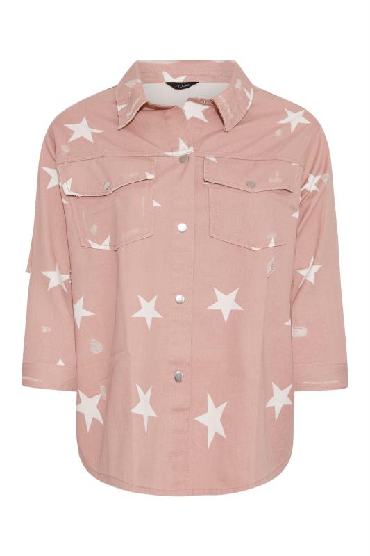 Curve Pink Star Print Western Style Distressed Denim Jacket 6