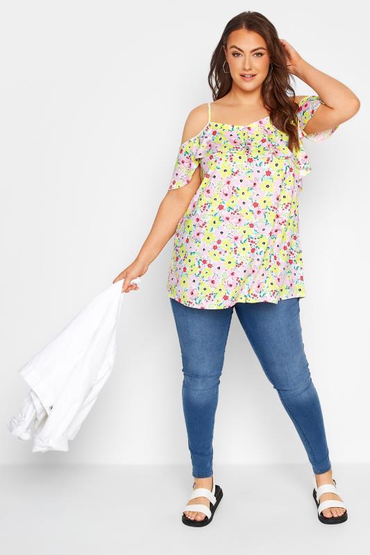 Plus Size Yellow Floral Frill Cold Shoulder Top | Yours Clothing  2
