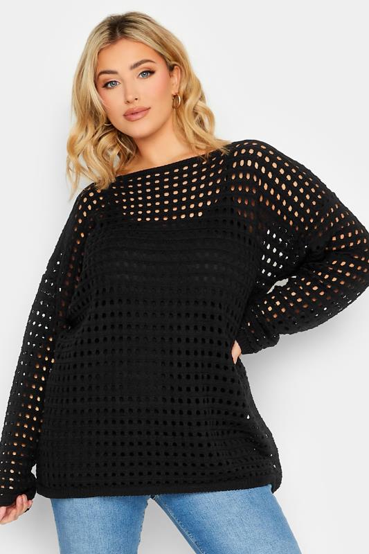 YOURS Plus Size Black Crochet Tunic Jumper | Yours Clothing  1