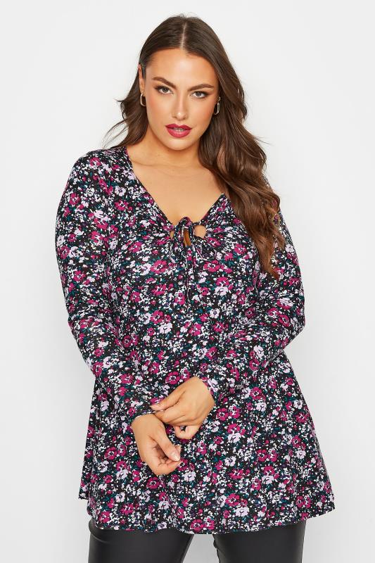 LIMITED COLLECTION Plus Size Black Floral Keyhole Tie Neckline Swing Top | Yours Clothing 3