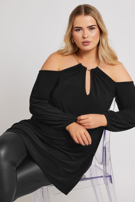 YOURS LONDON Plus Size Black Chain Detail Cold Shoulder Top Yours Clothing