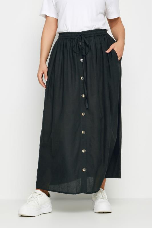  YOURS Curve Black Button Front Linen Maxi Skirt