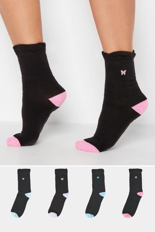  Grande Taille YOURS 4 PACK Black Butterfly Embroidered Ankle Socks