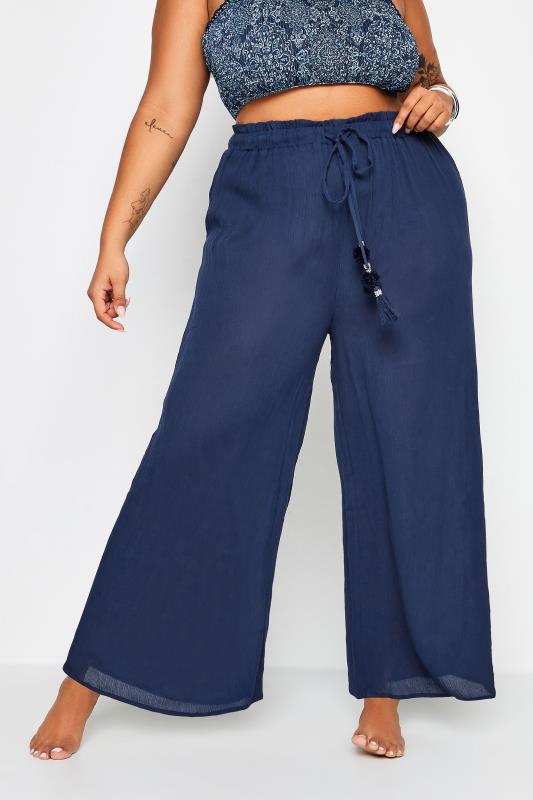 YOURS Plus Size Navy Blue Wide Leg Tassel Beach Trousers | Yours Clothing 1