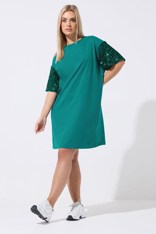LIMITED COLLECTION Plus Size Green Sequin Sleeve Mini Dress | Yours Clothing 1