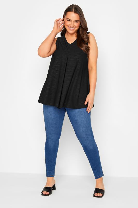 YOURS Curve Black Textured Pointelle Pleat Vest Top | Yours Clothing  2