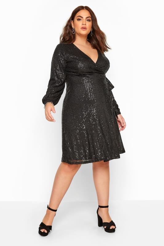 CHI CHI Black Sequin Wrap Dress | Yours Clothing