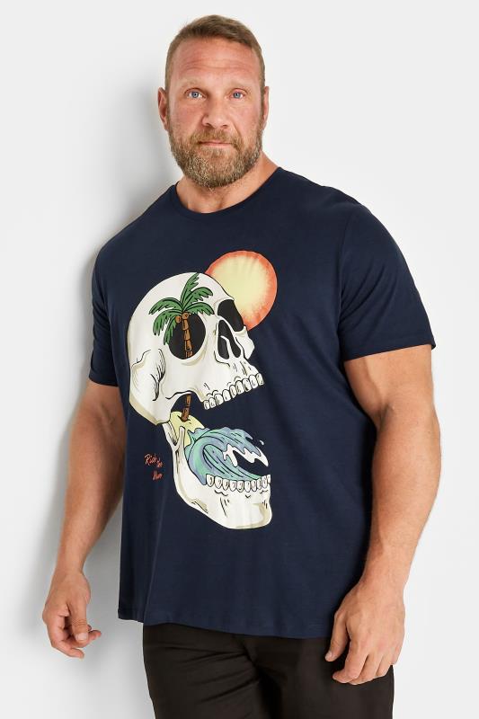 Men's  JACK & JONES Big & Tall Navy Blue Skull Print 'Ride The Wave' Slogan T-Shirt