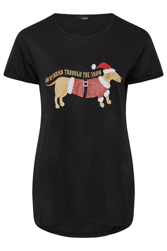 Plus Size Black 'Dachshund Through The Snow' Glitter Slogan Christmas T-Shirt | Yours Clothing 6