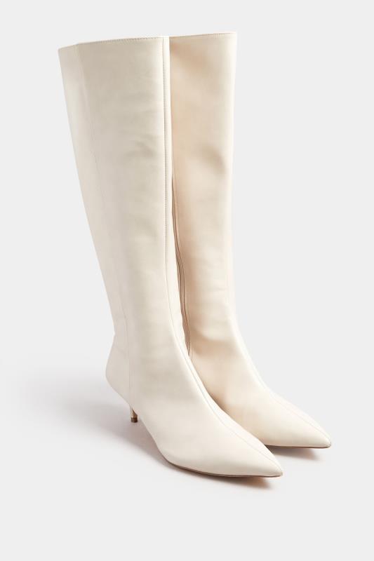 LTS Ivory White Faux Leather Knee High Heeled Boots In Standard Fit | Long Tall Sally 3