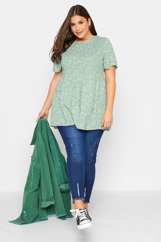 Plus Size Sage Green Spot Print Shirred Short Sleeve Top | Yours Clothing  2