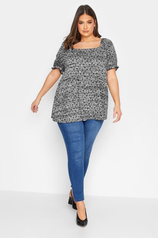YOURS Plus Size Charcoal Grey Marl Ditsy Floral Top | Yours Clothing 2
