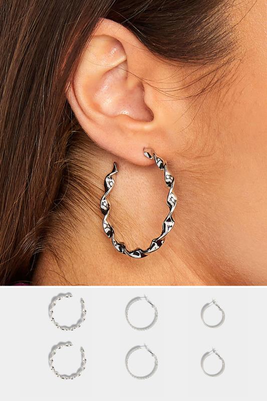 3 PACK Silver Tone Twisted Hoop Earrings | Yours Clothing 1