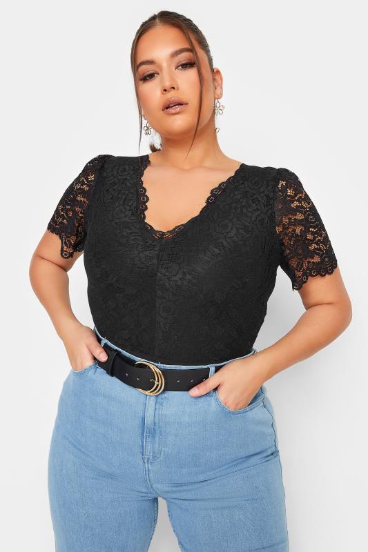 Plus Size LIMITED COLLECTION Black Lace Short Sleeve Bodysuit | Yours Clothing 1