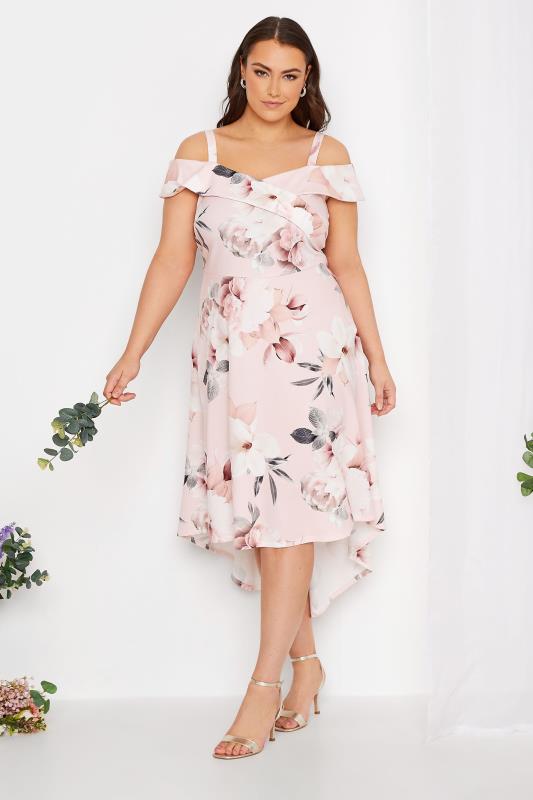 YOURS LONDON Plus Size Light Pink Floral Bardot High Low Midi Dress | Yours Clothing 2