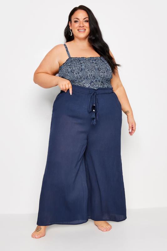 YOURS Plus Size Navy Blue Wide Leg Tassel Beach Trousers | Yours Clothing 4