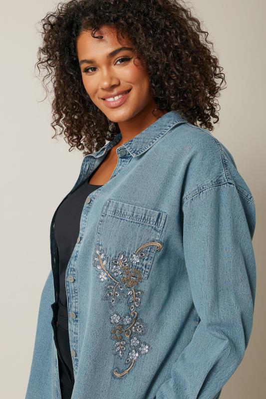 EVANS Plus Size Blue Denim Sequin Embellished Shirt | Evans 4