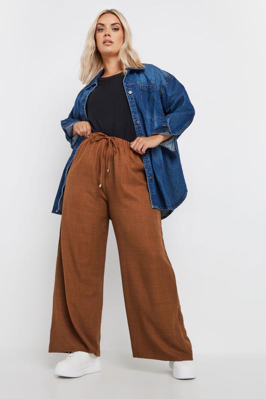 YOURS Plus Size Brown Wide Leg Trousers | Yours Clothing  2