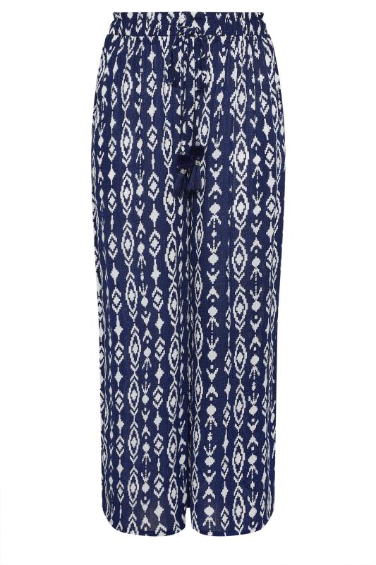 YOURS Plus Size Navy Blue Ikat Print Crinkle Tassel Trousers | Yours Clothing 6