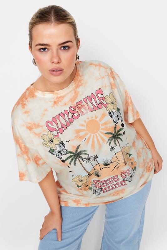 YOURS Plus Size Orange 'Sunshine' Print Tie Dye T-Shirt | Yours Clothing 1