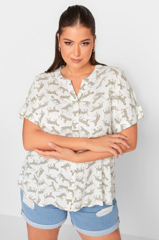 YOURS Curve Plus Size White Leopard Print Short Sleeve Shirt | Yours Clothing  1