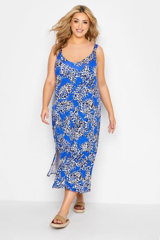  Tallas Grandes Curve Cobalt Blue Leopard Print Side Split Midi Beach Dress