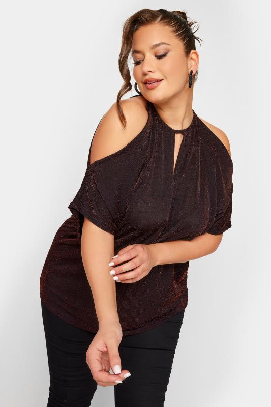 YOURS LONDON Plus Size Red Glitter Cold Shoulder Cape Top | Yours Clothing 8
