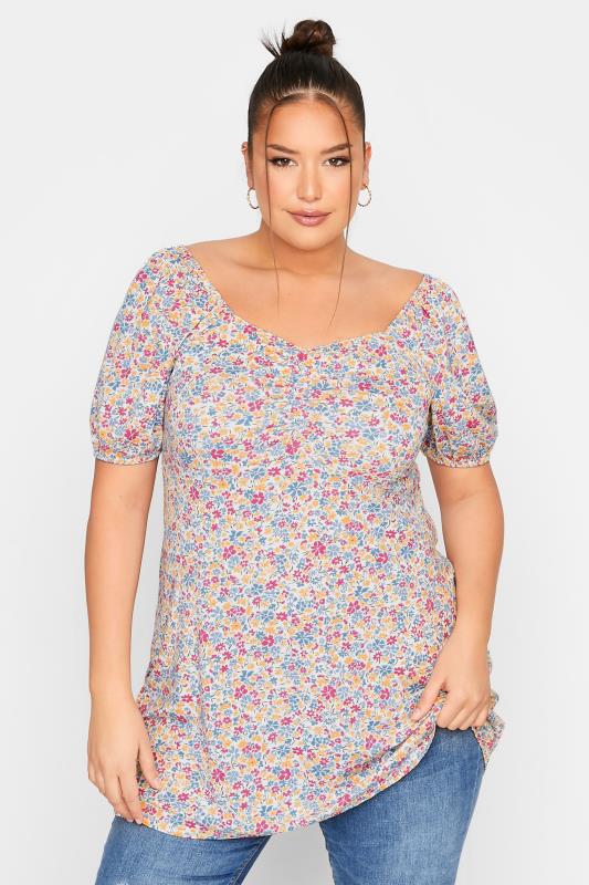 LIMITED COLLECTION Plus Size White Ditsy Print Puff Sleeve Ruched Top | Yours Clothing 1