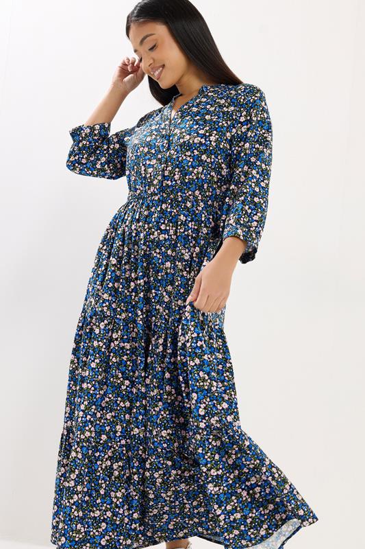 M&Co Petite Women's Blue Ditsy Floral Tiered Maxi Dress | M&Co 2