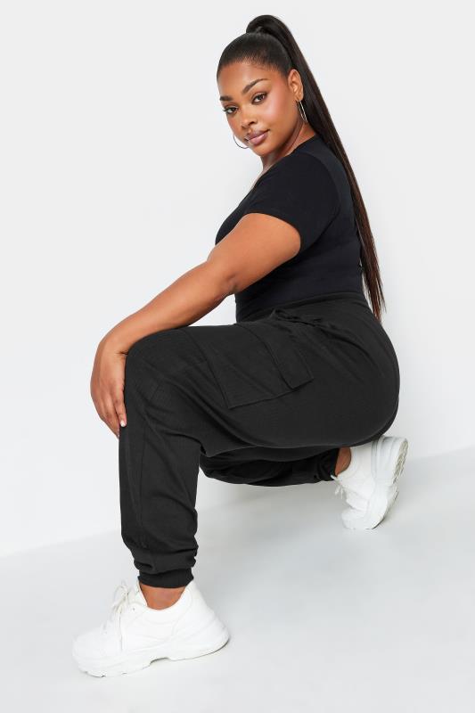 YOURS Plus Size Black Ribbed Cargo Joggers | Yours Clothing 4