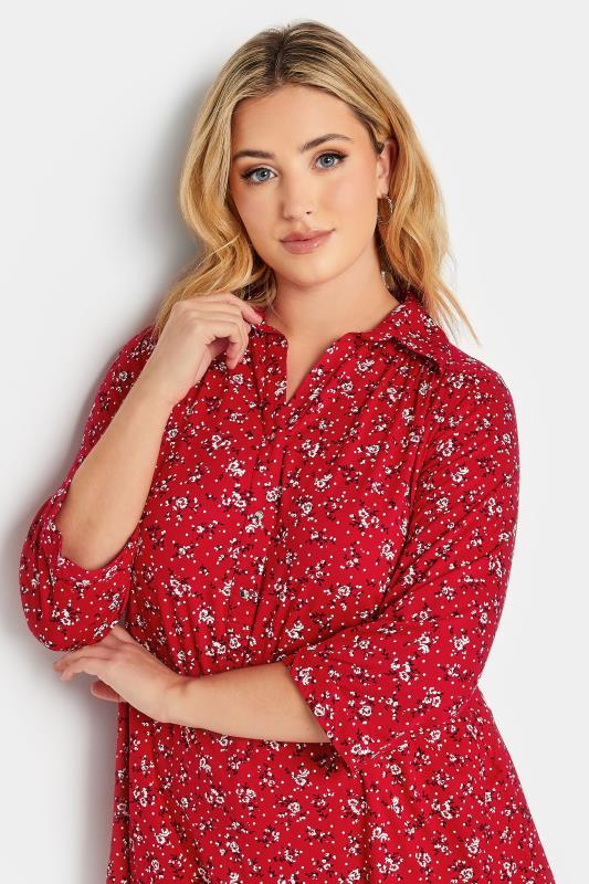 Curve Red Floral Half Placket Shirt | Yours Clothing 4