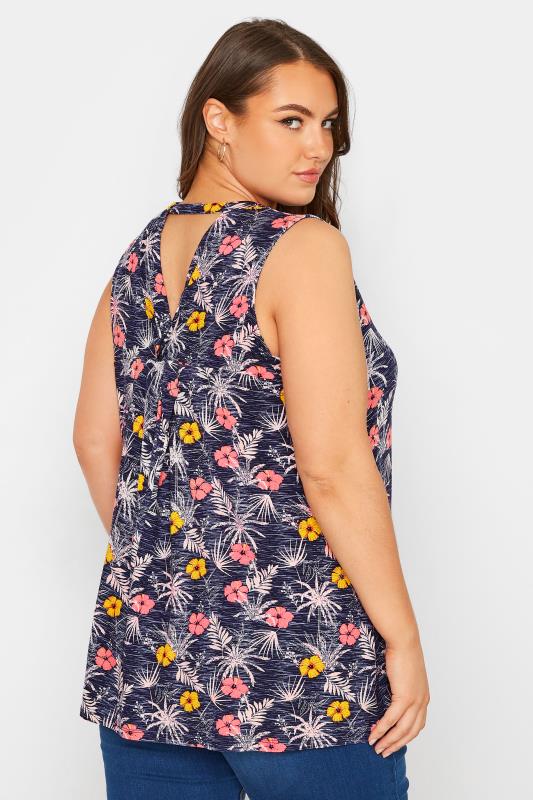YOURS Curve Plus Size Navy Blue Tropical Floral Print Cut Out Back Vest Top | Yours Clothing  3