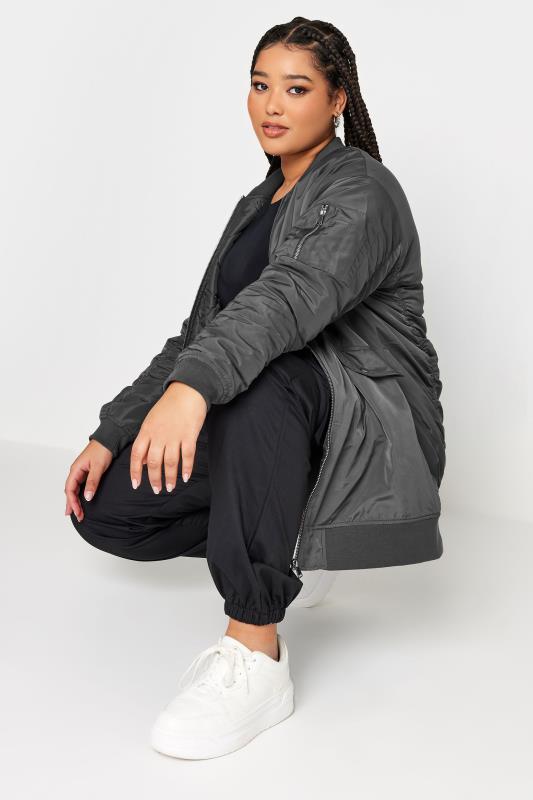 YOURS Plus Size Charcoal Grey Longline Bomber Jacket | Yours Clothing 2
