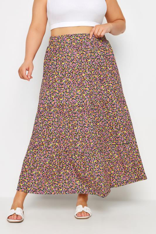 YOURS Plus Size Pink Floral Print Tiered Maxi Skirt | Yours Clothing 1