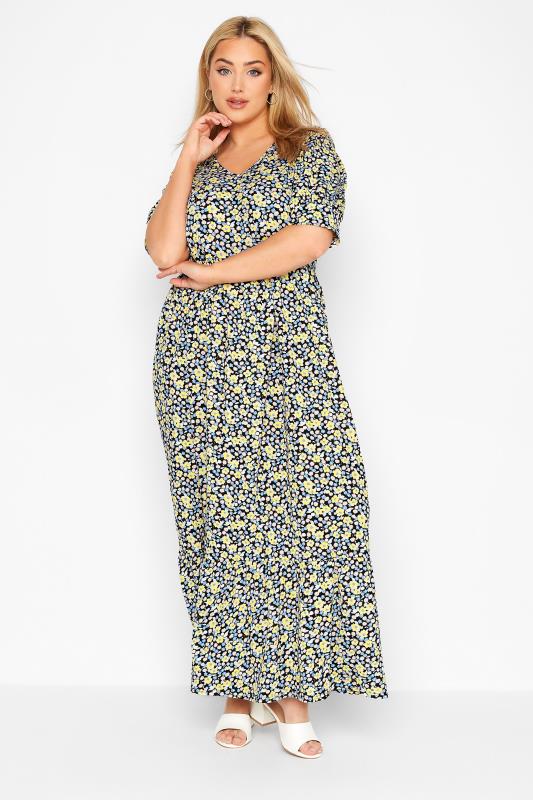 Curve Yellow & Blue Floral V-Neck Maxi Dress 2