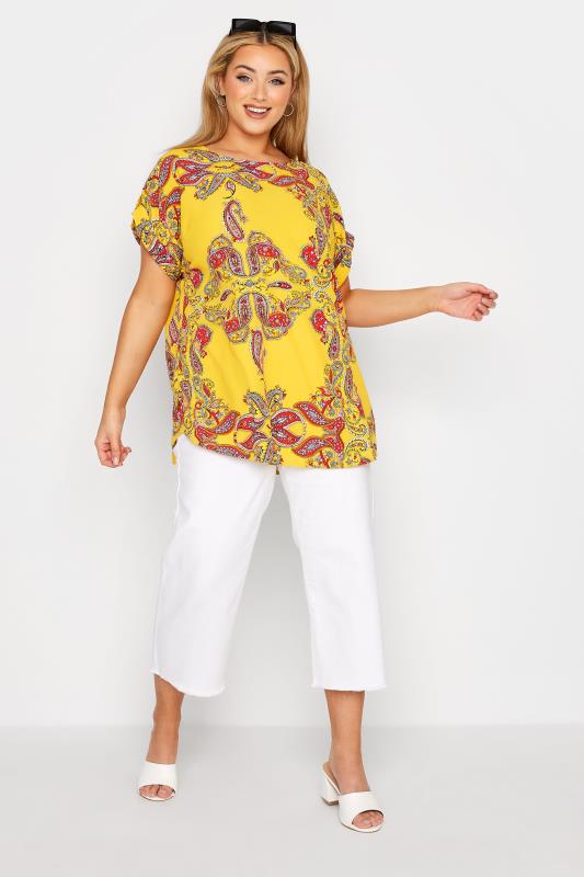 Plus Size Yellow Paisley Print Short Sleeve Top | Yours Clothing  2