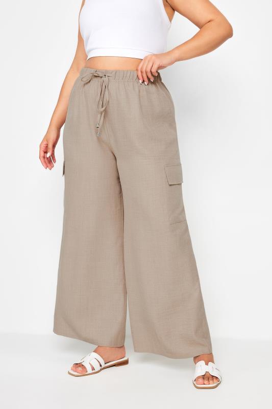 YOURS Plus Size Brown Linen Look Cargo Trousers | Yours Clothing 1
