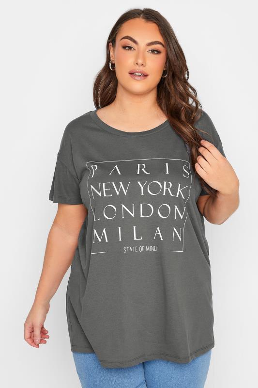 Curve Grey 'Paris New York London Milan' Slogan T-Shirt | Yours Clothing 1