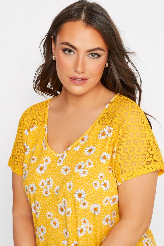 Curve Yellow Daisy Floral Print Lace Detail Bubble Hem T-Shirt 4
